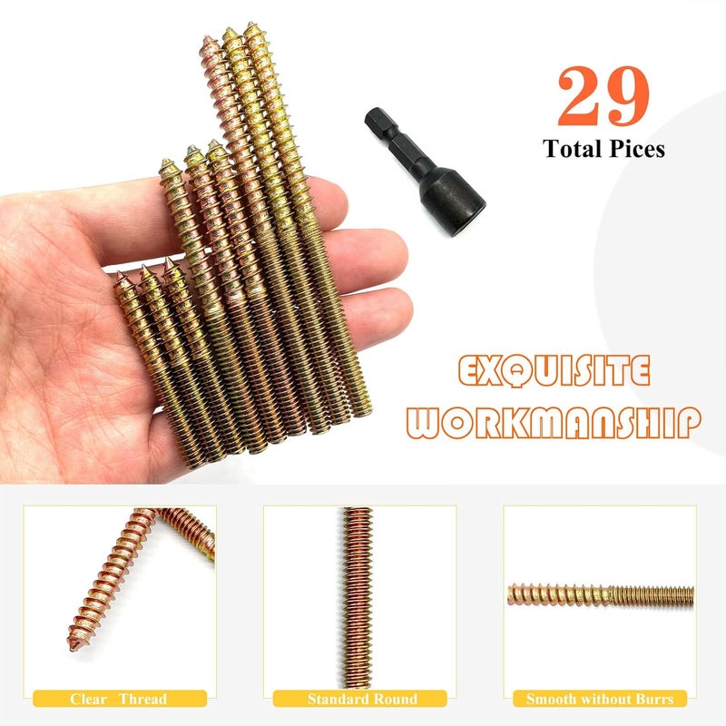 Matrelt 29 Pack 1/4-20" Hanger Bolts 3Sizes 2-4 Inch Include1 pcs Hanger Bolt Driver Double Headed Bolts Wood Dowel Screw Self-Tapping Screw for Furniture Screws Wood Screws Double Threaded Rods - Image 4